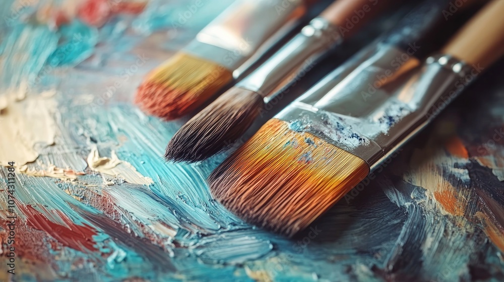 Fototapeta premium Watercolor paint palette and brushes on a wooden surface close up