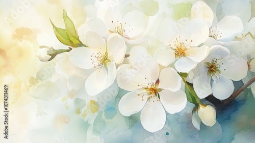 Watercolor illustration of white blossoms in artistic style