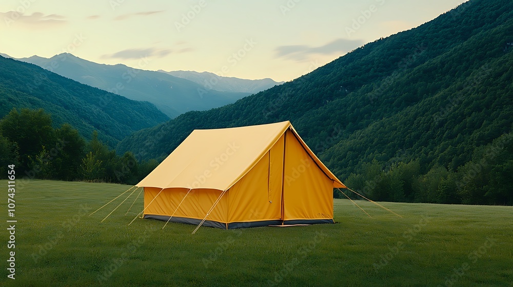 Explore the beauty of nature while camping in a vibrant yellow tent surrounded by mountains Explore the beauty of nature while camping in a vibrant yellow tent surrounded by mountains