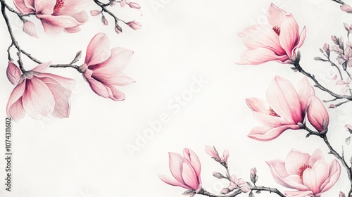 Watercolor and pencil illustration of pink magnolia flowers on a white backdrop Spring floral frame design