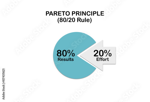 The Pareto Principle, also as the 80 20 rule pie chart analysis diagram, where eighty percent of the outcomes result from twenty percent of the inputs.