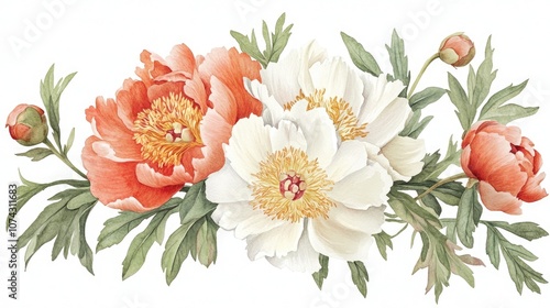 Watercolor illustration of a coral pink and white floral bouquet featuring peony flowers buds and green leaves isolated for design purposes This hand drawn spring flower arrangement is ideal for c