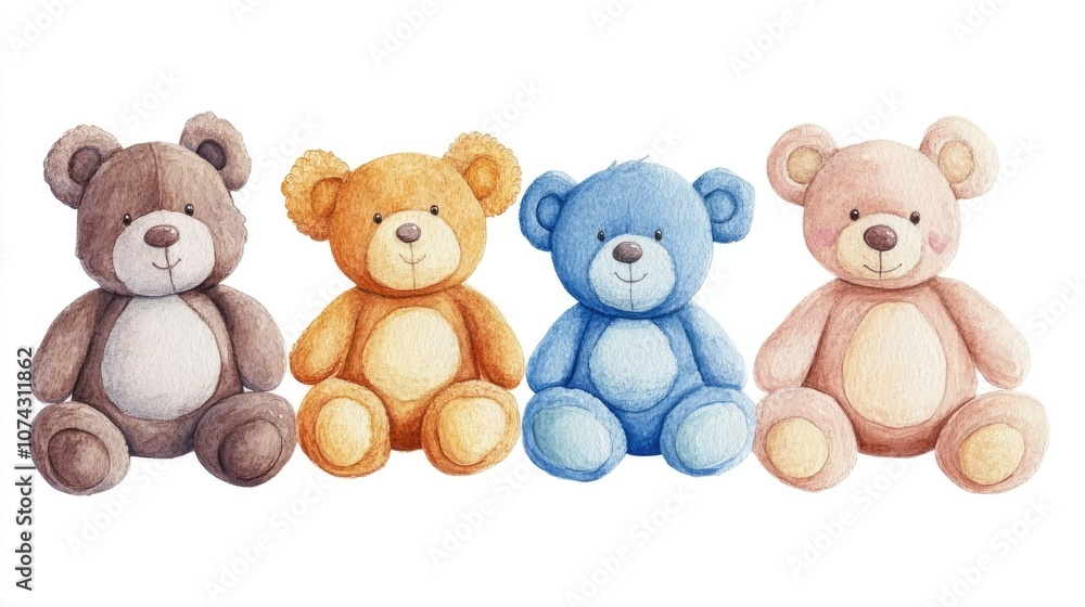 Watercolor plush toys in various poses on a white background Watercolor plush toys in various poses on a white background