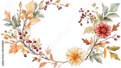 Hand painted watercolor border featuring a wreath of branches leaves barberry berries and dahlia flowers Ideal for autumn wedding cards invitations and labels