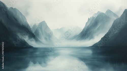 Wallpaper Mural Watercolor depiction of a lake surrounded by mountains and fog Torontodigital.ca