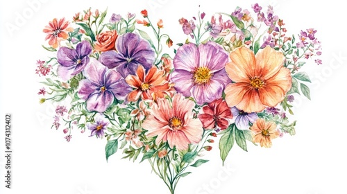 Watercolor illustration of a floral bouquet in a charming heart shape