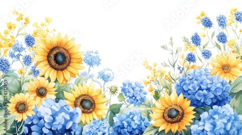 Watercolor floral frame in blue and yellow featuring sunflowers herbs wildflowers and hydrangeas Ideal for use in cards logos postcards and wedding invitations