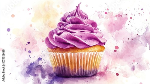 Watercolor illustration of a cupcake topped with purple cream