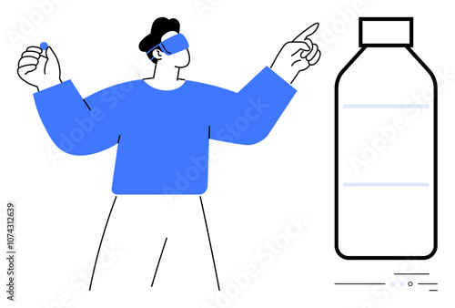 Man in VR headset pointing and holding a small object, interacting with a large bottle. Ideal for VR experiences, product design, technology, innovation, gaming, virtual education, digital