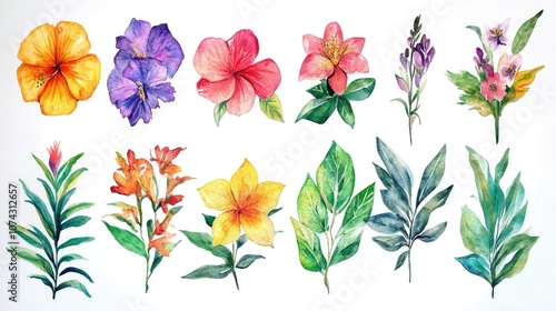 Watercolor collection featuring tropical leaves and flowers with hand drawn bouquets on a white background