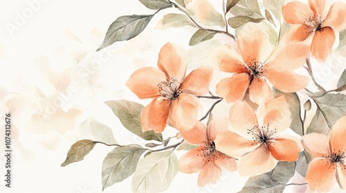 Watercolor illustration of elegant peach flowers and leaves for a wedding invitation card template design