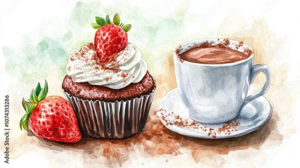 Cupcake topped with cream and strawberry alongside a cup of cocoa vibrant watercolor dessert illustration Cupcake topped with cream and strawberry alongside a cup of cocoa vibrant watercolor dessert illustration