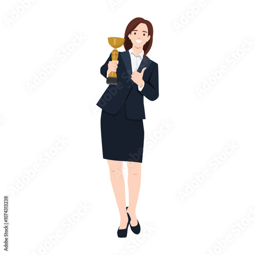 Overjoyed young woman with gold trophy in hands celebrate win or victory. Flat vector illustration isolated on white background