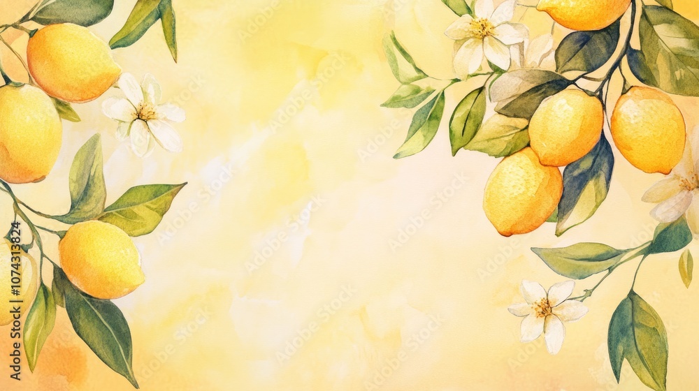 Watercolor illustration of lemon tree branches featuring fruits flowers and an empty space for text Watercolor illustration of lemon tree branches featuring fruits flowers and an empty space for text