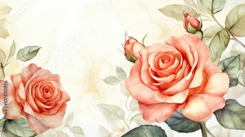 Roses and leaves in watercolor suitable for greeting cards invitations for weddings birthdays and various summer themed occasions