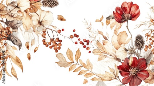 Watercolor illustration of autumn wildflowers seeds and leaves featuring brown dark red and beige tones Ideal floral element for fall wedding stationery and greeting cards