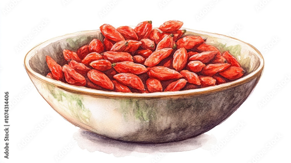 Watercolor illustration of a bowl filled with Goji berries hand drawn and set against a white background Watercolor illustration of a bowl filled with Goji berries hand drawn and set against a white background
