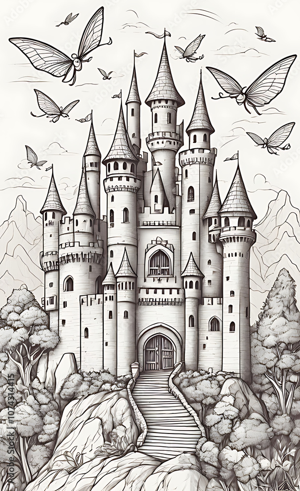 Fototapeta premium “Fantasy Castle with Dragons Coloring Page” – Simple Line Art of a Fairy Tale Castle and Flying Dragons for Children’s Coloring on a White Background