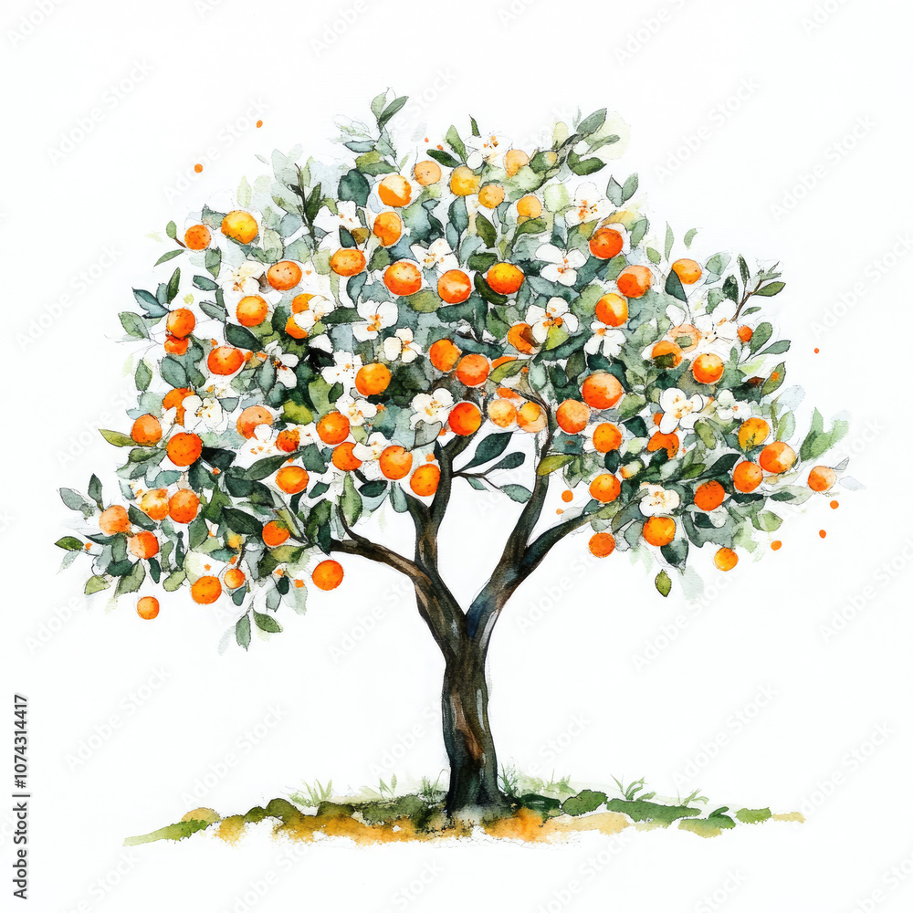 Fototapeta premium Watercolor Whimsical Orange Blossom Tree Illustration