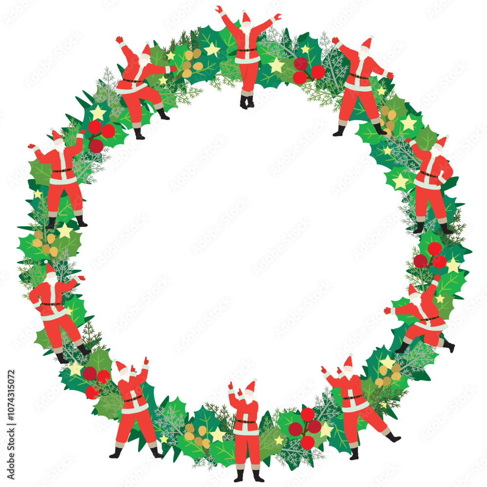 いろいろなポーズのサンタクロースをあしらったクリスマスリースのベクターイラスト いろいろなポーズのサンタクロースをあしらったクリスマスリースのベクターイラスト