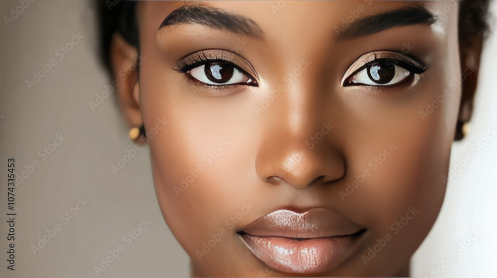 Fototapeta premium Radiant woman with perfect, smooth skin in close-up, showcasing natural beauty, subtle makeup, and a calm expression