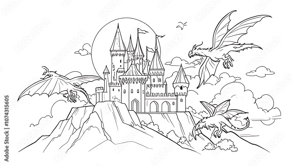 Fototapeta premium “Fantasy Castle with Dragons Coloring Page” – Simple Line Art of a Fairy Tale Castle and Flying Dragons for Children’s Coloring on a White Background