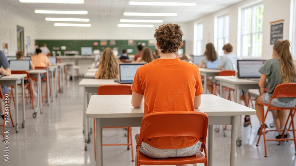 A classroom filled with students working on laptops, focused on their tasks, with a teacher visible in the background. A classroom filled with students working on laptops, focused on their tasks, with a teacher visible in the background.