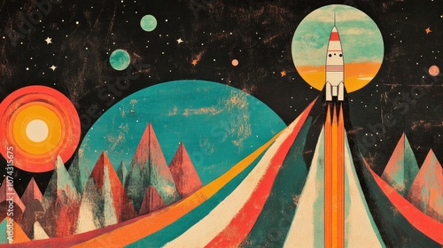 Wallpaper Mural Retro-inspired illustration of a rocket launching, bright colors and vintage design celebrating space exploration Torontodigital.ca