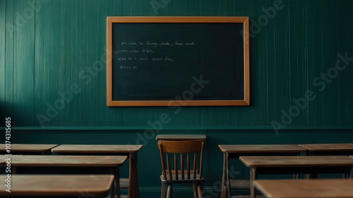 A classroom scene featuring wooden desks, a single chair, and a chalkboard with writing, set against a textured green wall. photo