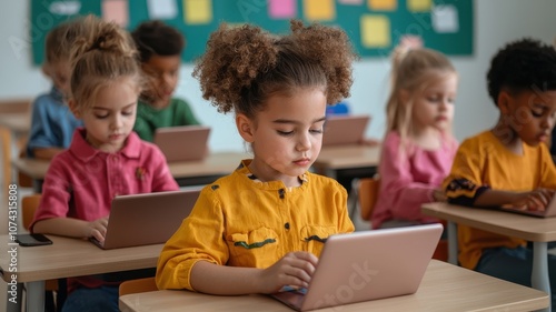 A classroom scene where children use tablets to engage in learning activities, showcasing technology in education.