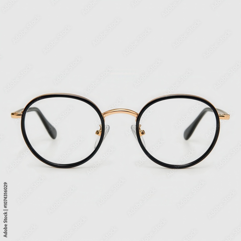 Fototapeta premium Round glasses with golden trim on a white isolated background.