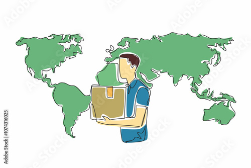 Single one line drawing man carrying package with world map background. Register at customs for good newly brought from abroad. International Customs Day. Continuous line design graphic illustration