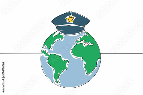Continuous one line drawing police hat on globe. Guarding border. Monitoring taxable goods coming in and out. Income for country. International Customs Day. Single line draw design vector illustration