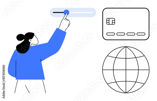 Person adjusting slider control, adjacent to a credit card and a globe symbol. Ideal for online payments, financial technology, global transactions, banking, e-commerce, digital wallets, internet