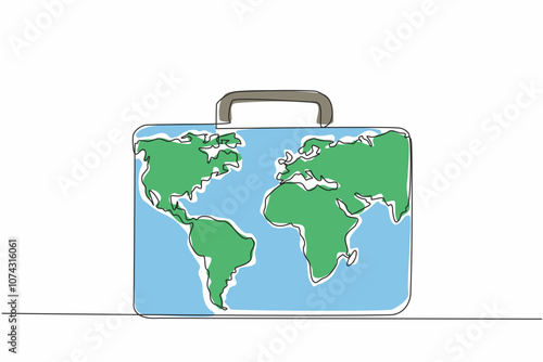 Single continuous line drawing the briefcase with world map in the middle. Customs officers' business travel bag. Registered. Compliant. International Customs Day. One line design vector illustration