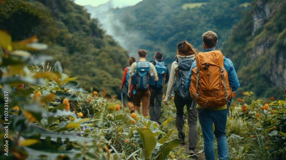 1. A group of friends hiking through lush green mountains enjoying the peacefulness and fresh air on their sober vacation. 1. A group of friends hiking through lush green mountains enjoying the peacefulness and fresh air on their sober vacation.