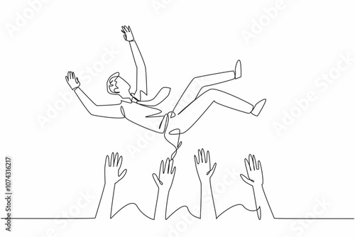 Single continuous line drawing male workers lifted and thrown upwards by several hands. Team victory. Big tender on the project list. National Fun at Work Day. One line design vector illustration