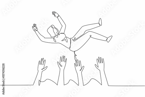 Single continuous line drawing the female worker was lifted and thrown upwards by several hands. Celebrate with joy. Greatest teamwork. National Fun at Work Day. One line design vector illustration