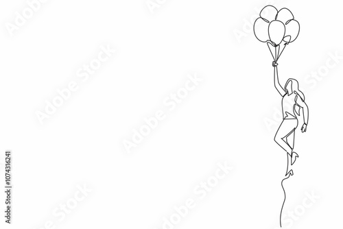 Single one line drawing female worker standing holding many balloons. Celebrating the division's success. Full of color and joy. National Fun at Work Day. Continuous line design graphic illustration