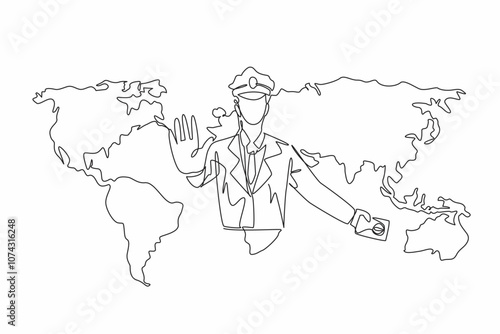 Continuous one line drawing the customs officer with world map background holding passport. Served at the immigration office. International Customs Day. Single line draw design vector illustration