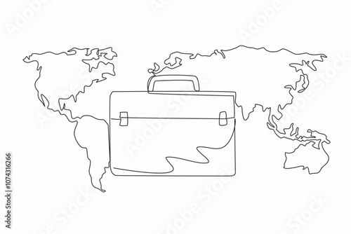 Single continuous line drawing briefcase with world map background. Business trip abroad. Conducting comparative study assignments. International Customs Day. One line design vector illustration