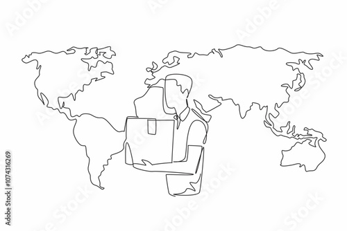 Single one line drawing man carrying package with world map background. Register at customs for good newly brought from abroad. International Customs Day. Continuous line design graphic illustration