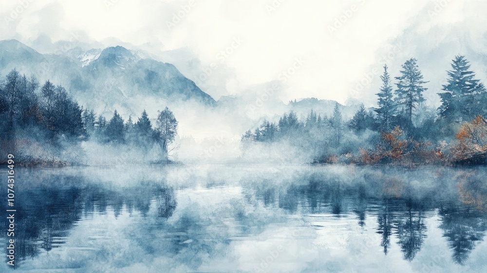 Fototapeta premium Watercolor artwork depicting fog over a lake created using 3D rendering techniques