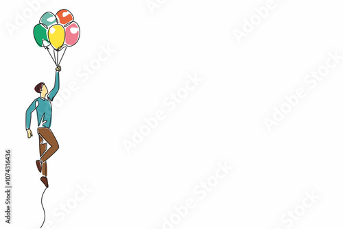 Single one line drawing the male worker standing holding lots of balloons. Celebration. Brilliance. Profitable projects abound. National Fun at Work Day. Continuous line design graphic illustration