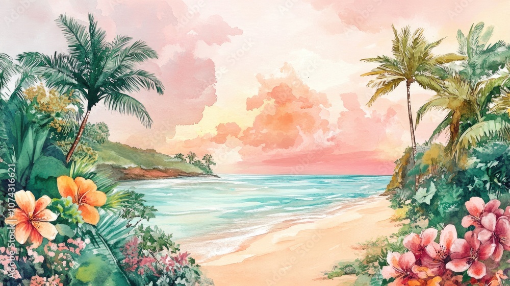 Fototapeta premium Watercolor illustration of a tropical beach scene featuring palm trees and vibrant flowers along the shore beneath a pink cloudy sky An idyllic paradise captured during sunset or sunrise