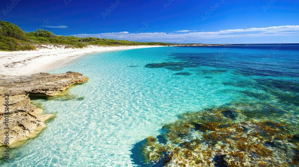 Obraz premium Scenic Shark Bay shoreline with clear turquoise water, white sandy beaches, and coral reef patches.