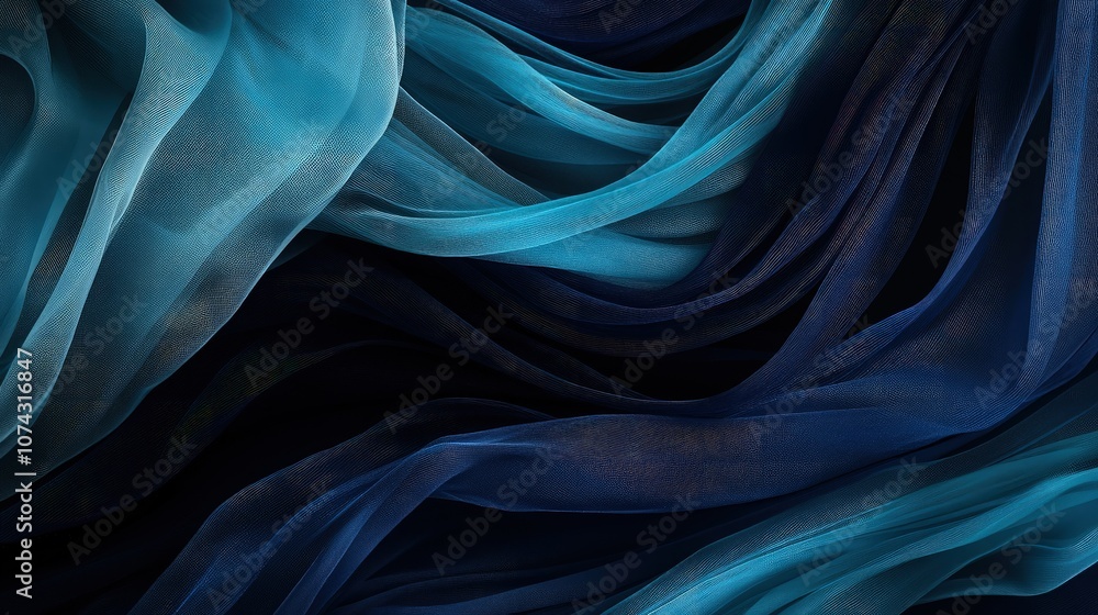 Obraz premium Elegant swirls of navy, teal, and aqua tulle, flowing over a jet-black background, creating a rich sense of depth and sophistication,