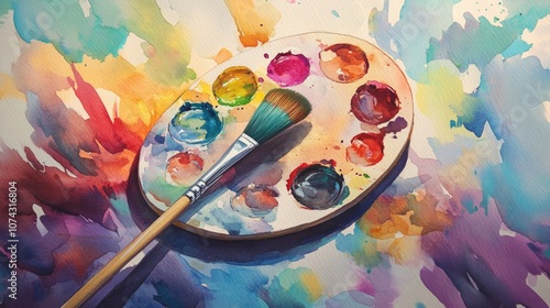 Watercolor illustration of an artist s palette on a colorful backdrop photo