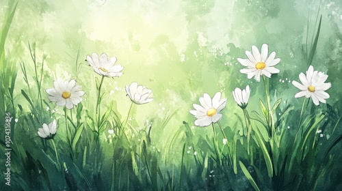 Watercolor illustration of white flowers blooming in a sunny meadow surrounded by lush green grass