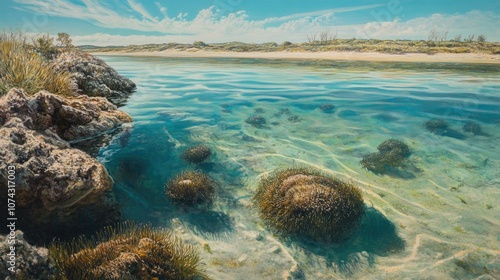 Shark Bay unique stromatolites in shallow water, reflecting rich historical geology.